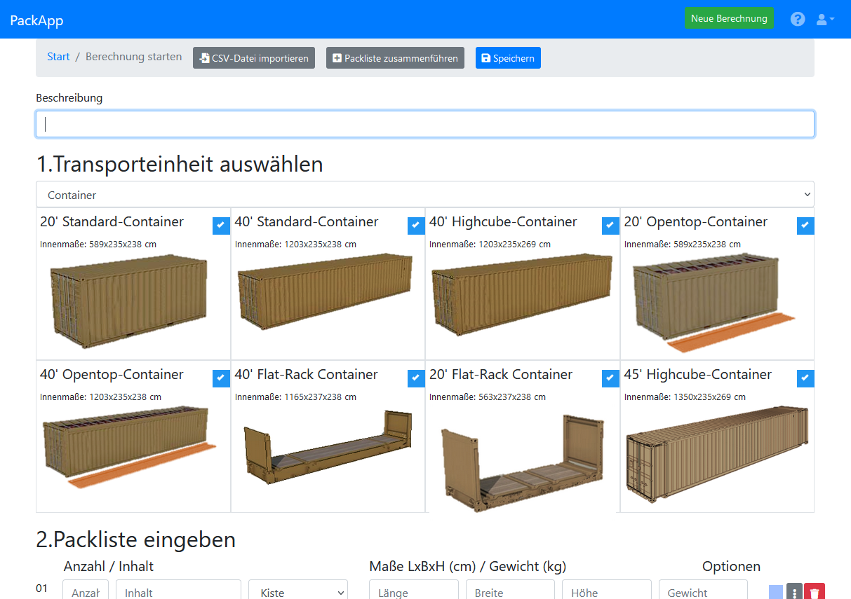 Container-Auswahl mit 45ft Container